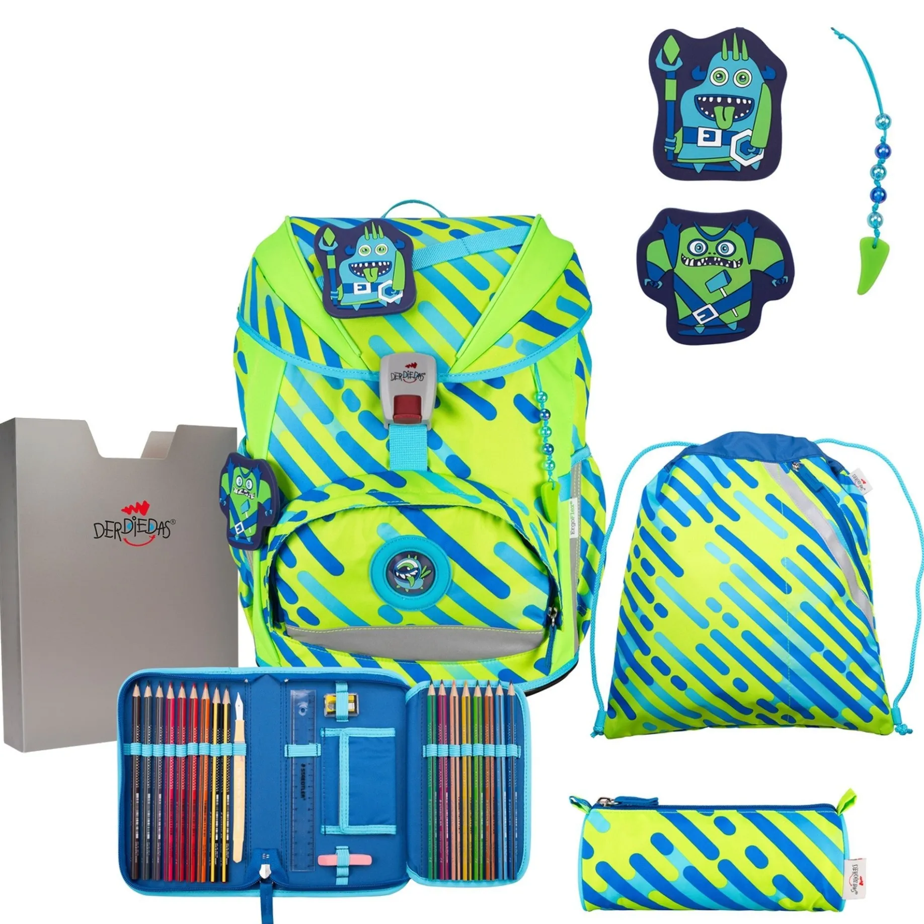 ErgoFlex Superflash Exklusiv Neon - Schulranzen Set 5tlg. 800g (Monster)