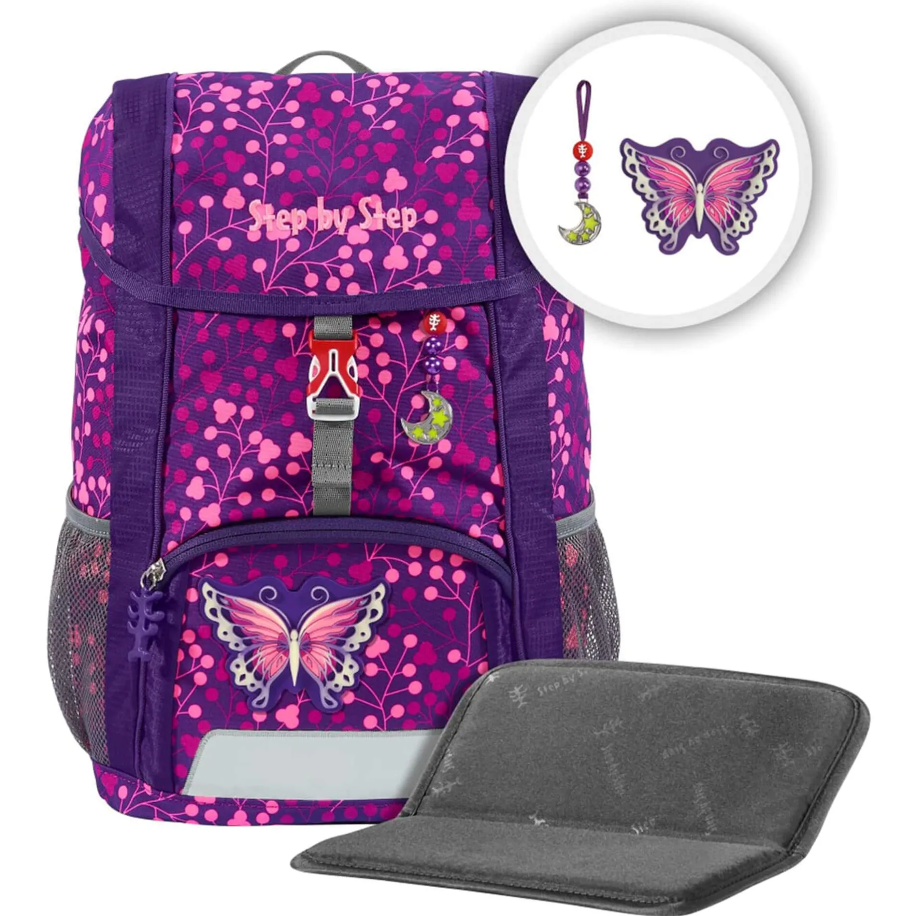 Kid Shine Rucksack-Set 3 tlg. - inklusiv Sitzkissen 26 cm (Butterfly Night Ina)
