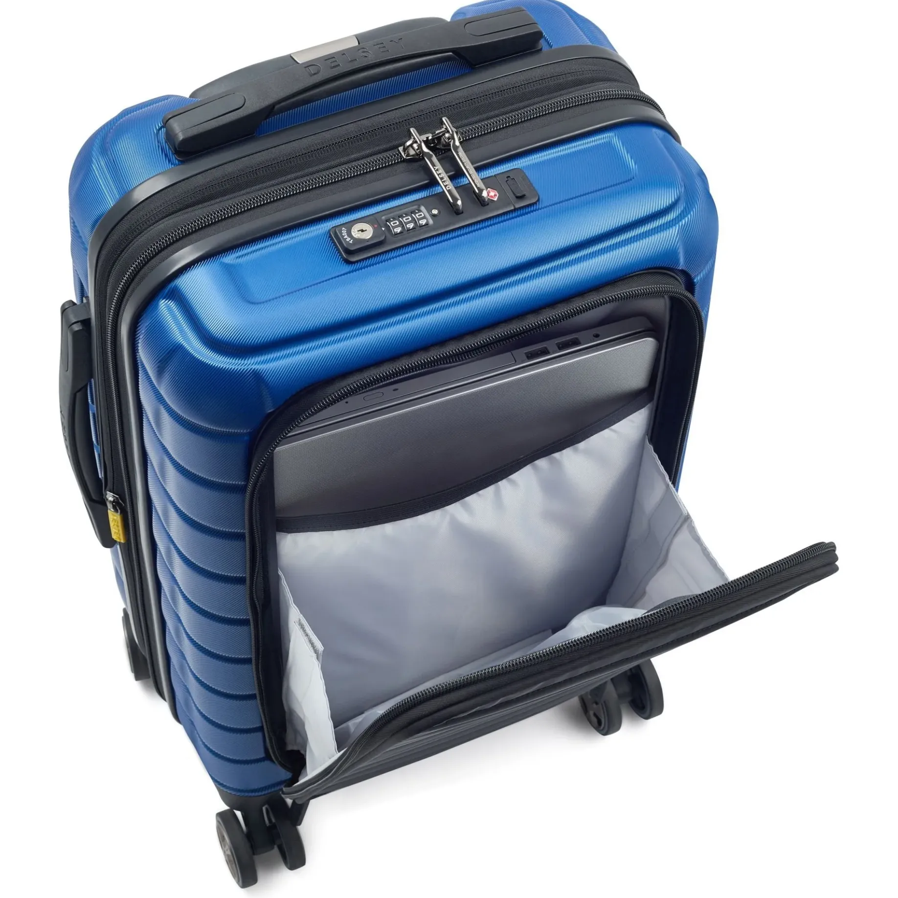 Shadow 5.0 - 4-Rollen-Kabinentrolley mit Vordertasche S 55 cm erw. USB (blau)